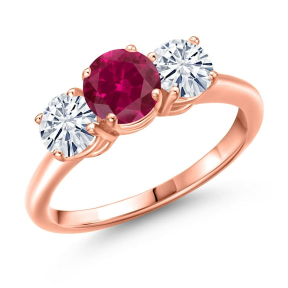 Gem Stone King 18K Rose Gold Plated Silver Red Created Ruby and White Moissanite Engagement Ring for Women | 2.00 Cttw | Round 6MM | Gemstone July Birthstone | Size 5