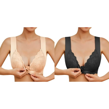 Kcodviy 2 Pcs Womens No Steel Ring Sports Bra for Women French Womens Front Close Long Lined Sports Bra T Back Plus Bras Pack Size Seamless Unlined Bra Support Bra for Large Bust