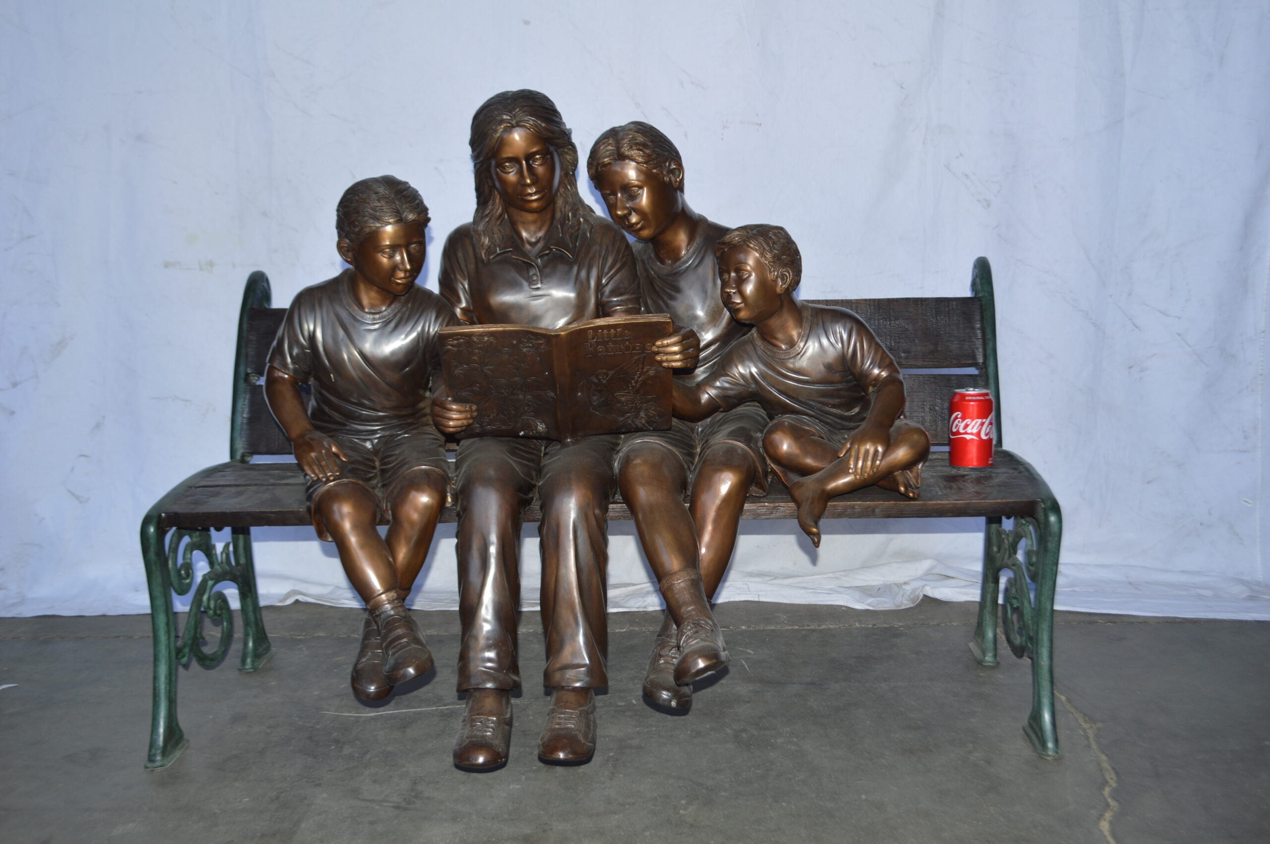 Nifao Mom and boys reading stories on bench bronze statue – Outdoor Garden Decor Sculpture, 53"L x 33"W x 39"H