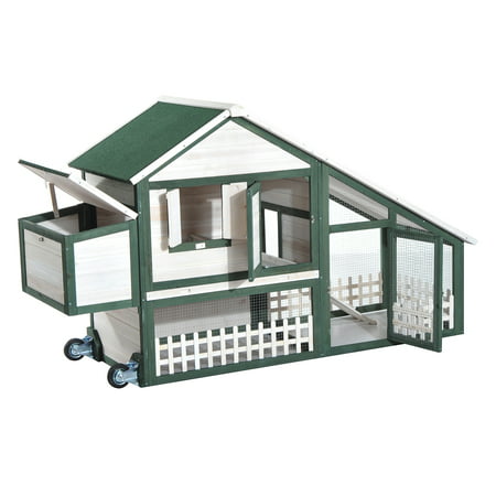 Pawhut 76 Wooden Chicken Coop W Run Nesting Box And Wheels Green And White