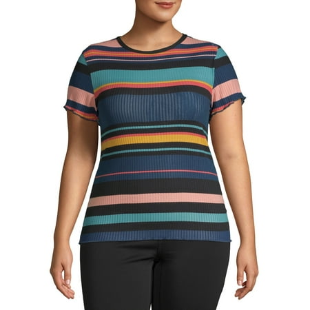 Lettuce Edge Ribbed Shirt - Derek Heart Juniors' Plus Size Lettuce Edge Ribbed Crewneck Top