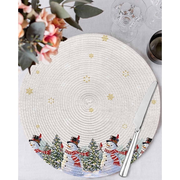 15 Inch Round Placemats Set of 4, Beige Christmas Snowman Non Slip Heat Insulation PP Table Mats, Winter Xmas Tree Snowflakes Washable Place Mats for Kitchen Dining Party Table Decor