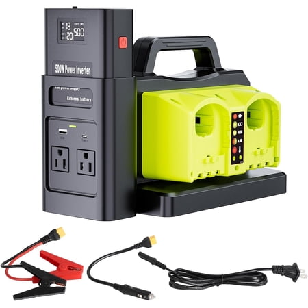 Pure Sine Wave Inverter Compatible with Ryobi 18V Battery 2 in 1 500W 4 Ports Power Inverter Battery Charger Generator DC 20V to AC* 2 Outlets 120V Car Charger Plug USB&Type-C (Tool Only)