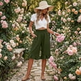 thumbnail image 7 of Cotton Linen Pants Women Summer Casual Pull on Wide Leg Drawstring Elastic Waist Petite Ruffle Hem Capri Pants with Pockets Army Green 3XL, 7 of 7
