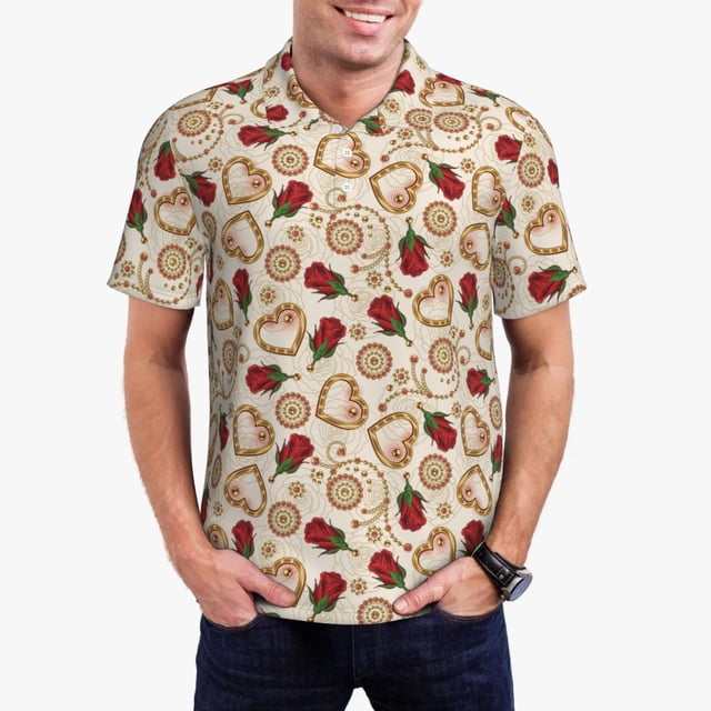 Fotbe Valentine'S Day Rose Camiseta Polo de Golf para Hombre con Estampado – Camisa Deportiva Transpirable con Cuello Abotonado-XX-Large