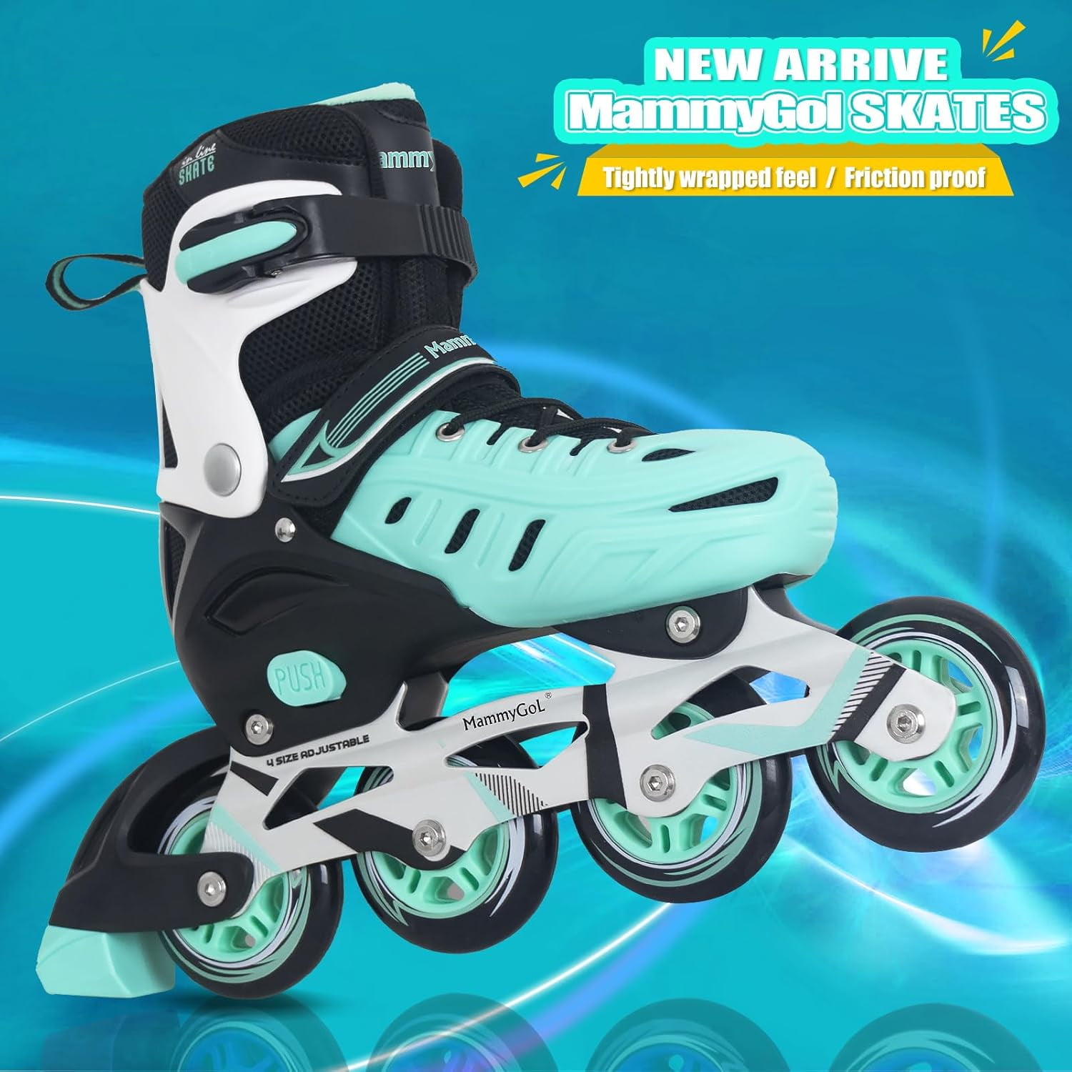 MammyGol Adjustable Inline Skates for Youth & Adults PU Wheels Safety Brake Teal (Teen Boys, Girls, Beginner-Friendly)