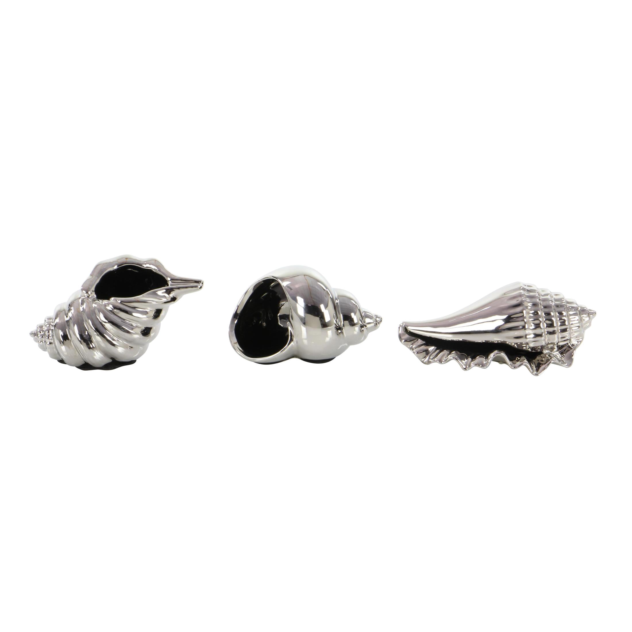 7", 7", 5"W Silver Ceramic Shell Shell Sculpture, by DecMode (3 Count)