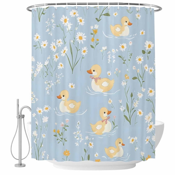Cartoon Duck Flowers Fabric Shower Curtain Watercolor Blue Washable Shower Curtains for Bathroom, Waterproof Bath Curtain with Hooks Home Decor 72x72in