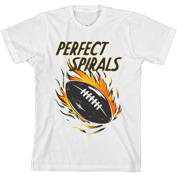 "Perfect Spirals" Flaming Football Youth White Short Sleeve Tee-Large