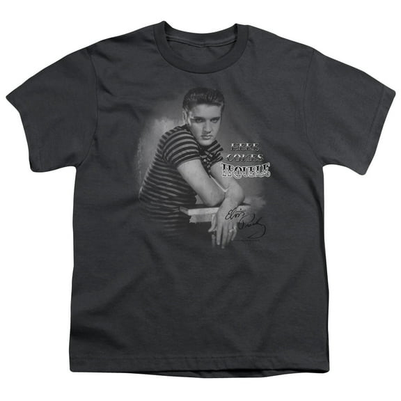 Trevco ELV607-YT-1 Elvis Presley & Trouble Youth 18-1 Short Sleeve T-Shirt, Charcoal - Small