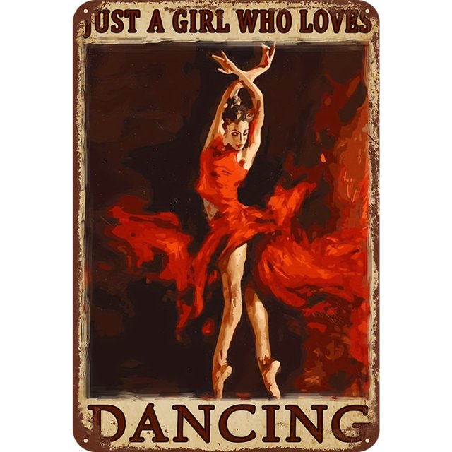 Placa Metal Mujer Bailando en Vestido Rojo Pintura Hierro Rectangular Pared 30x40cm