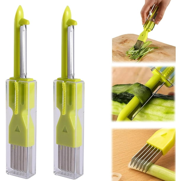 Cuchillo 3 en 1 para cortar seda, de acero inoxidable, para picar cebollas verdes, pelador multifuncional para frutas y verduras, cortador rápido portátil de alimentos para cocina (2 piezas)