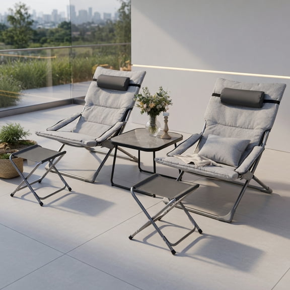 GVN Reclining Chair,Outdoor Chaise Lounge,5-Piece Patio Sling Chair Set Folding Lounge Chairs with Footrests and Coffee Table-Gray