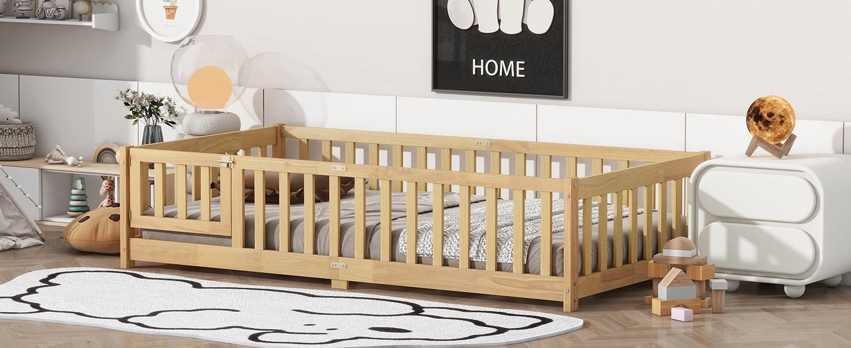Twin Size Floor Bed with Fence and Door, Rubber Wood Floor Bed with Safety Guardrails, Natural