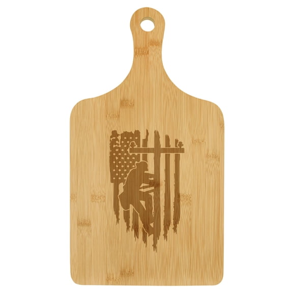 Charcuterie Board With Handle Cheese Board Bamboo Cutting Board Gift Lineman American Flag (Small 13.5” x 7”)