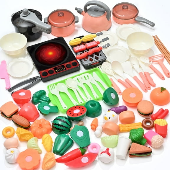Kitchen Toy- 82PCS Pretend Play Cooking Toys Set with Food Toys, Light/Sound Cooking Set for 3-8 Boys Girls