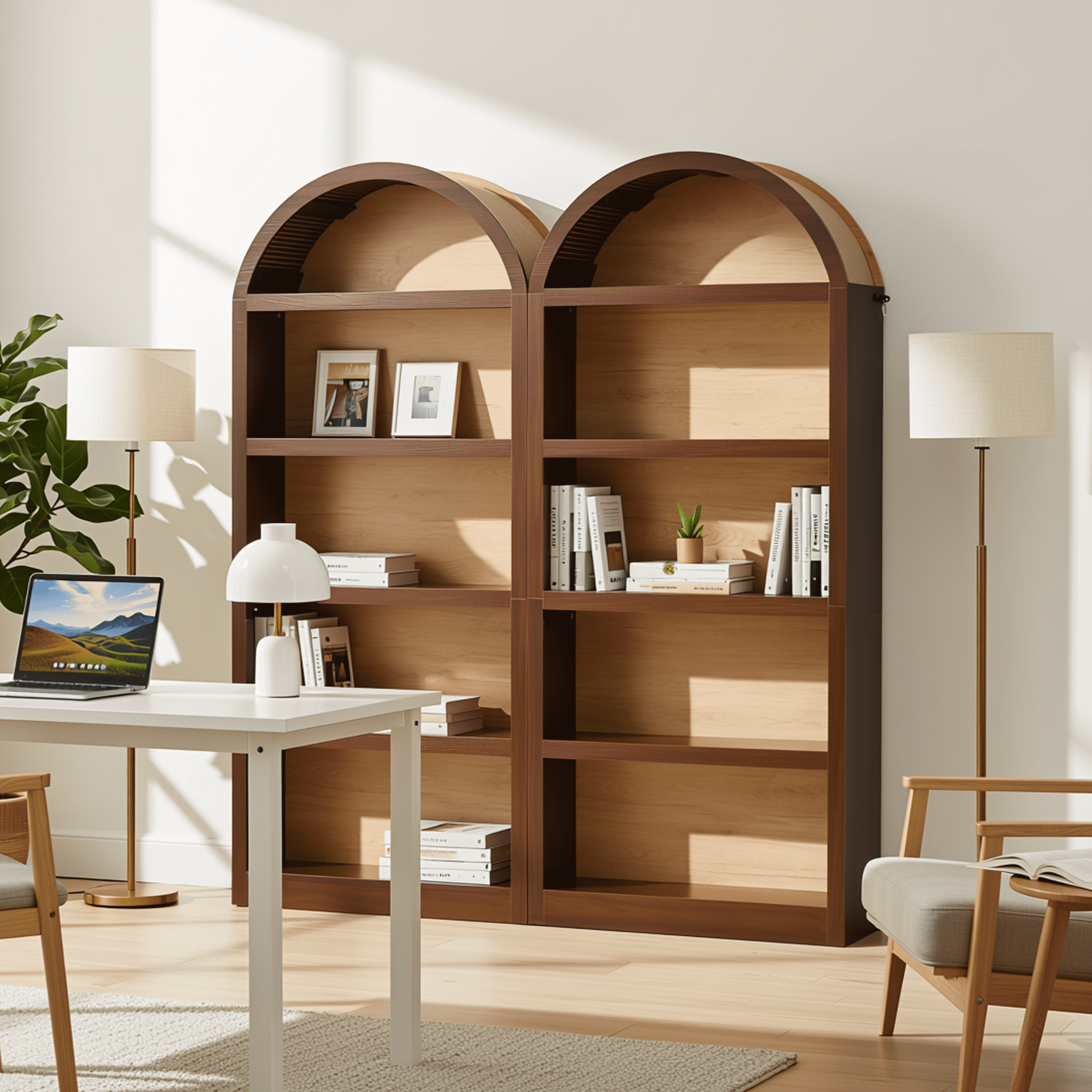 Homy Casa 69" Tall Arched Bookcase Set of 2, Two-Tone 4-Shelf Bookshelves for Living Room, Walnut