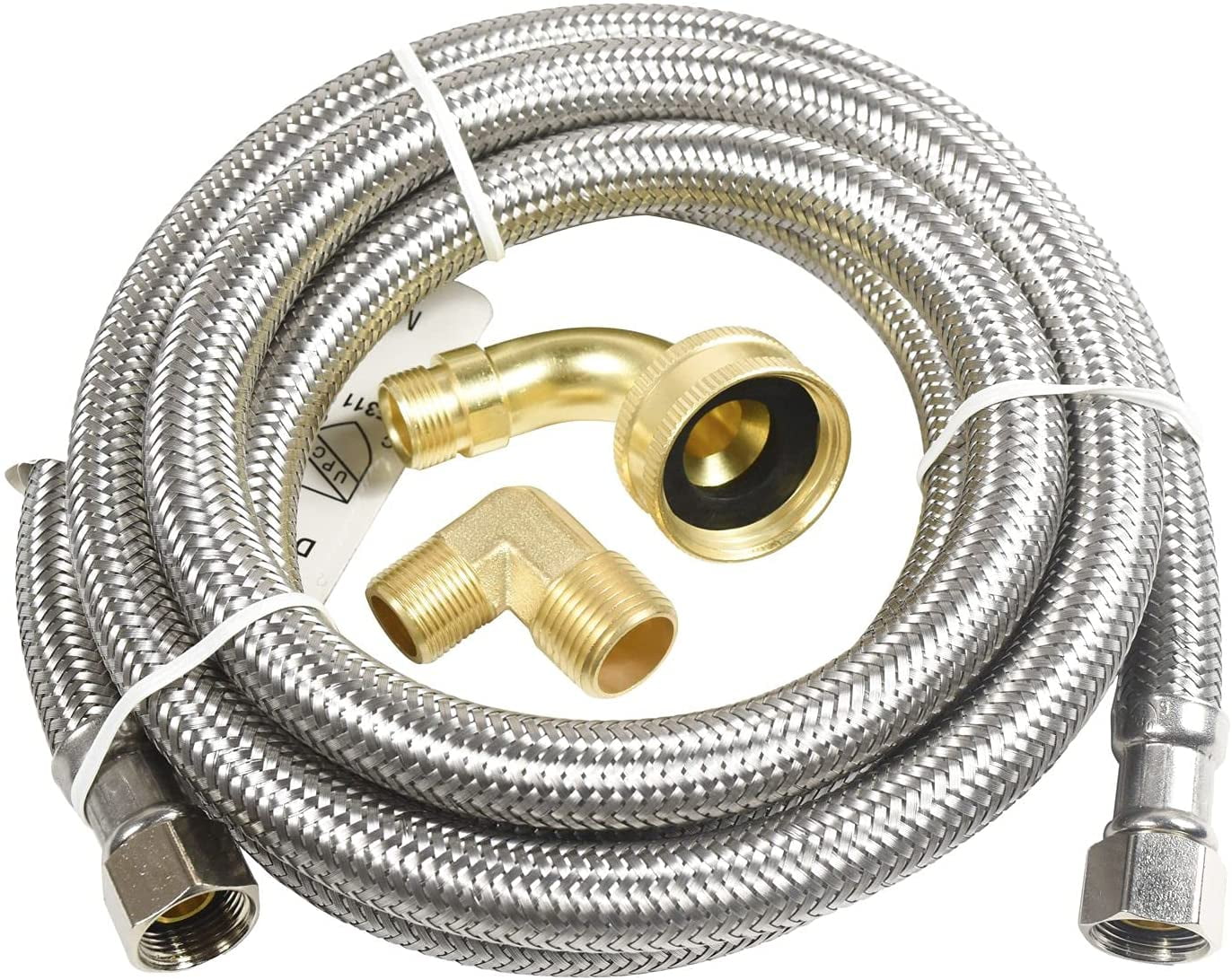 HQRP 2-Pack Universal Premium Stainless Steel Dishwasher Fill Hose with 3/8&quotx3/8" Comp Connection and 90 Degree 3/8" MIP Elbow or 3/4" Swivel Gooseneck Fitting
