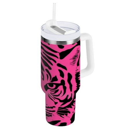 

40 Oz Car Handle Water Cup 10.8x3.85 Inch Stainless Steel Water Cup With Handle Water Cup Car Water Cup Travel Coffee Cup Pink Eyed Tiger