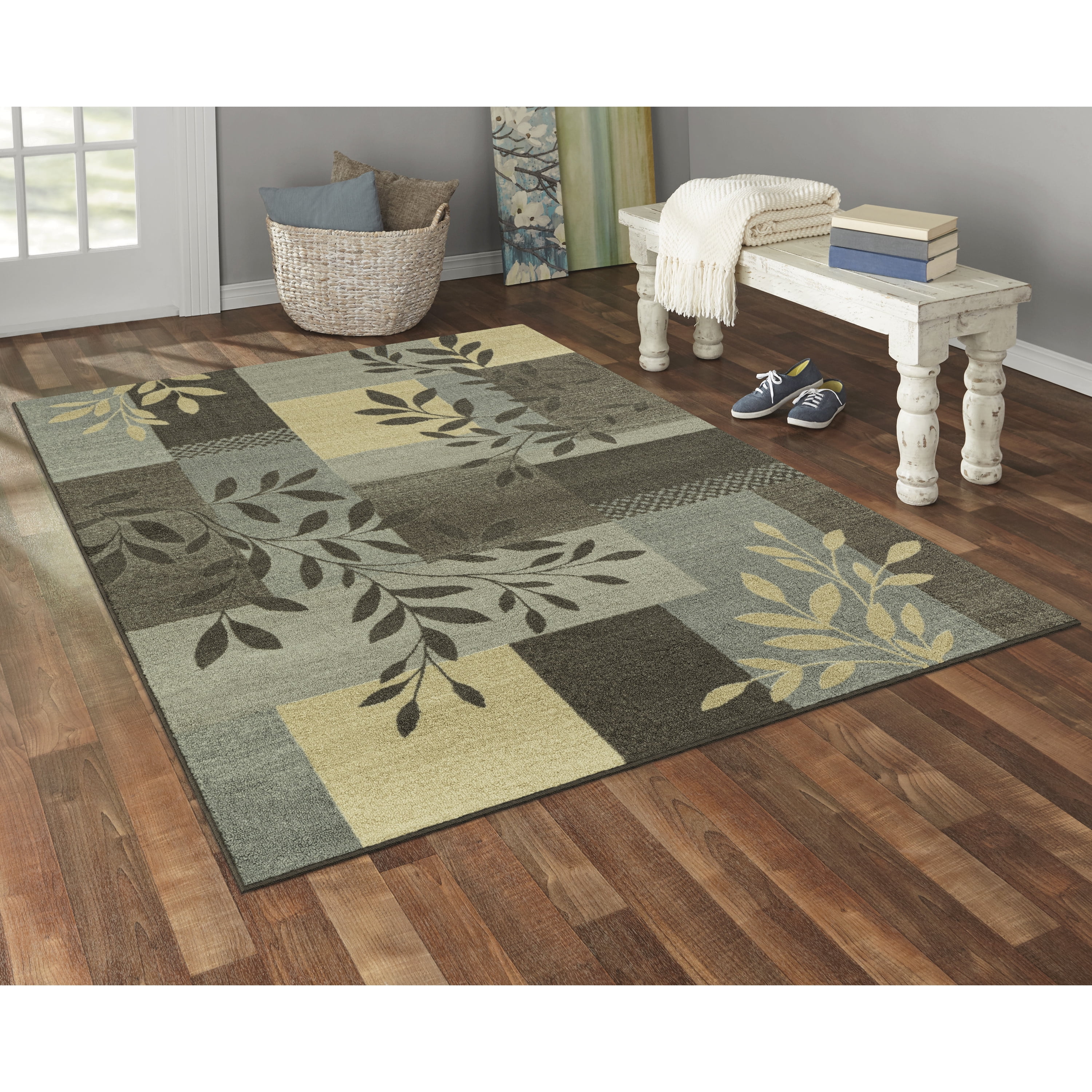 (2 pack) Mainstays Traditional Leaf Block Gray Print Indoor Area Rug, 5' x 7'