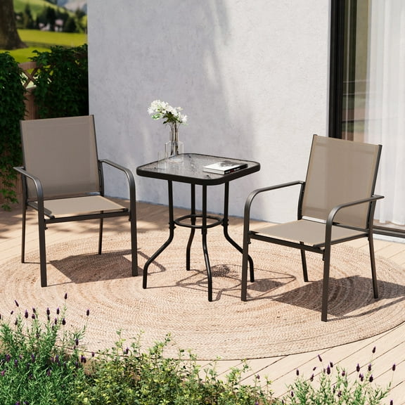 LAUSAINT HOME 3 Pieces Outdoor Bistro Set with 2 Textilene Chairs and 1 Coffee Table, Beige