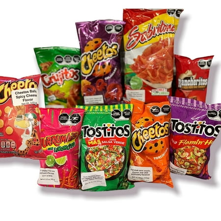 Sabritas 9-Pack Mexican Fiesta Mix:Cheetos Bolitas, Cheetos Colmillos, Churrumais, Tostitos Xtra Flamin' Hot, Rancheritos, Crujitos, Sabritones, Tostitos Salsa Verde