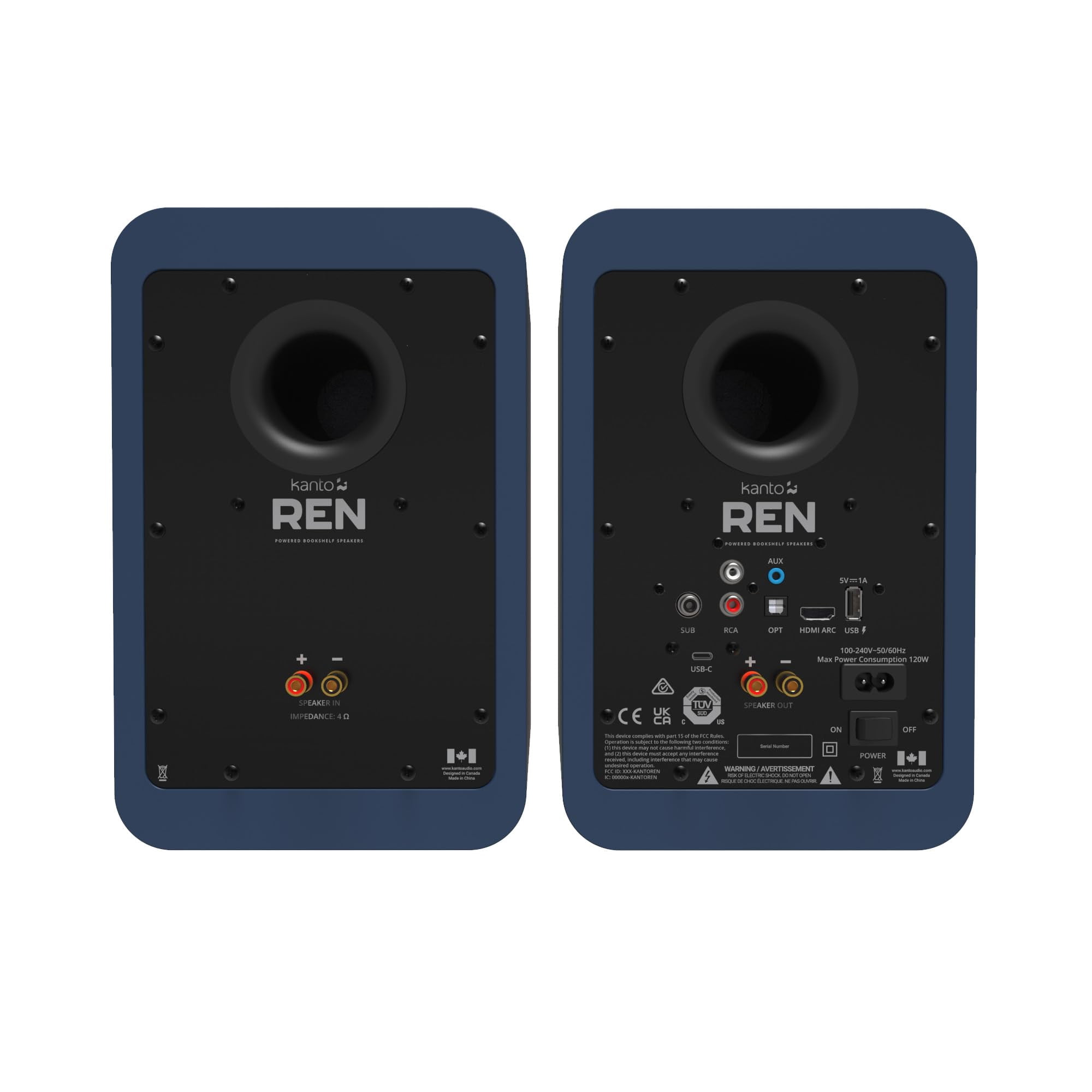 Kanto REN BLUE Bluetooth Powered Bookshelf Speakers - Matte Blue Pair with a Kanto SUB8VMB Sealed Powered 8" Subwoofer - Vinyl Black (2024)