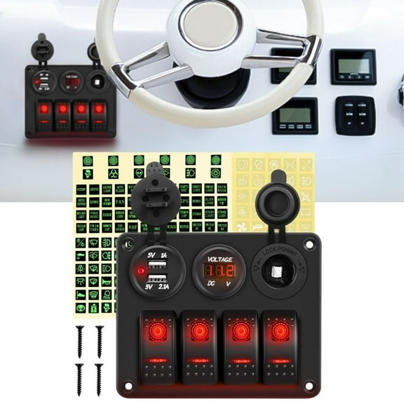 Waywe 4 Gang Rocker Switch Panel with USB Charger Voltmeter and Cigar Lighter 12V 24V Toggle Switch on off Rocker Switch Red for Cars Rvs Trucks
