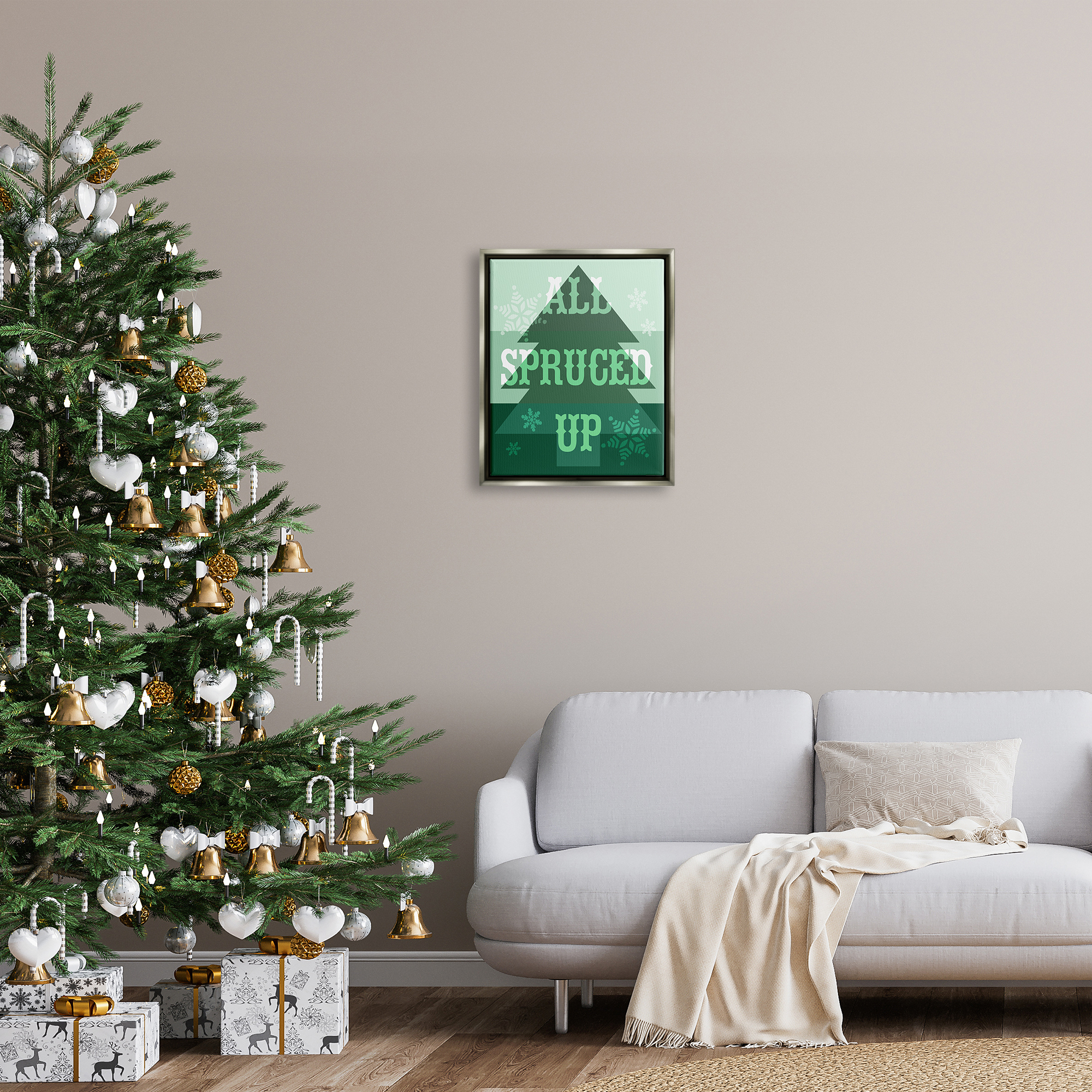 Stupell Industries All Spruced Up Holiday Pun Holiday Painting Gray Floater Framed Canvas Art Print Wall Art, 17 x 21