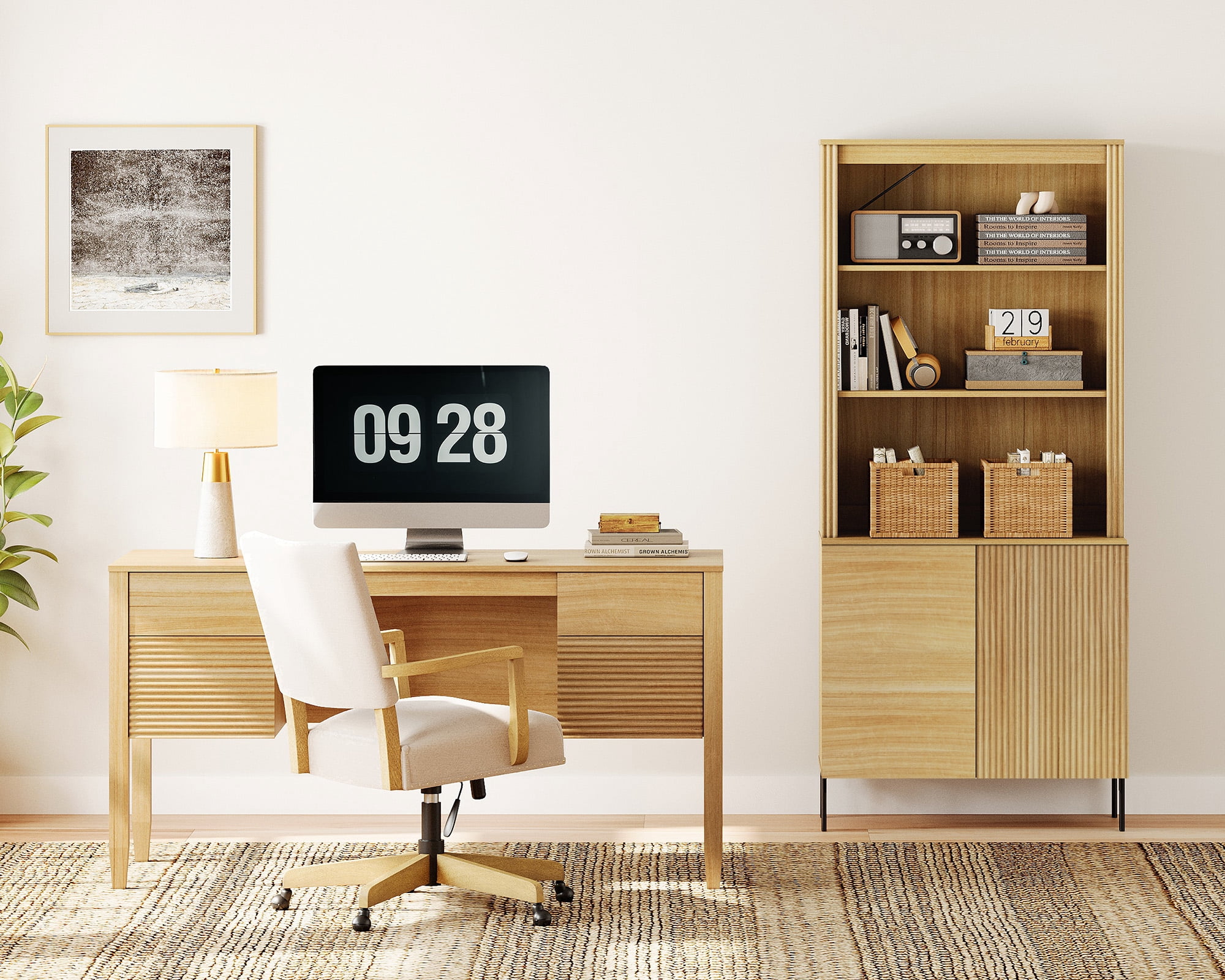 WAMPAT 2 Piece Home Office Furniture Set, 58" Writing Desk with 71.5" T Bookcase, Bookcase with 2 Doors, Adjustable Shelves, Modern Fluted Wood Office Furniture for Home Office, Study Room, Bedroom