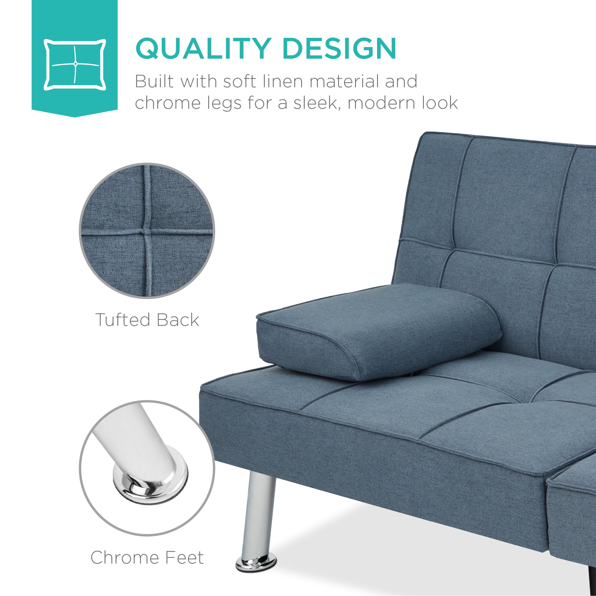 Best Choice Products Linen - Futón plegable moderno, sofá cama reclinable  para apartamento, dormitorio con reposabrazos extraíbles, 2 portavasos