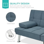 Best Choice Products Modern Linen Convertible Futon Sofa Bed w/ Removable Armrests, Metal Legs, Cupholders - Blue