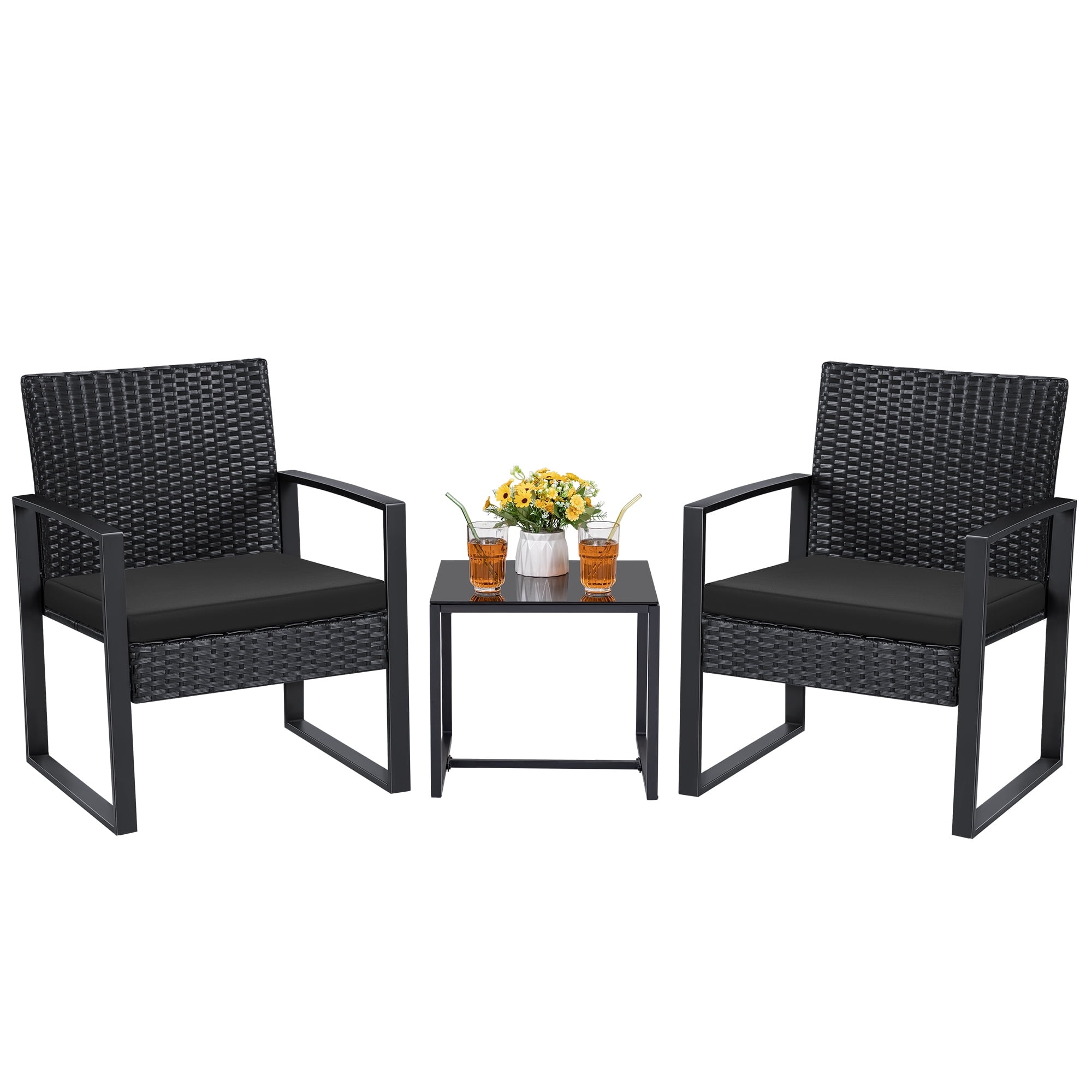 Lacoo 3 Pieces Outdoor Bistro Chair Set PE Rattan Patio Conversation Set of 2 with Cushion and Coffee Table Black