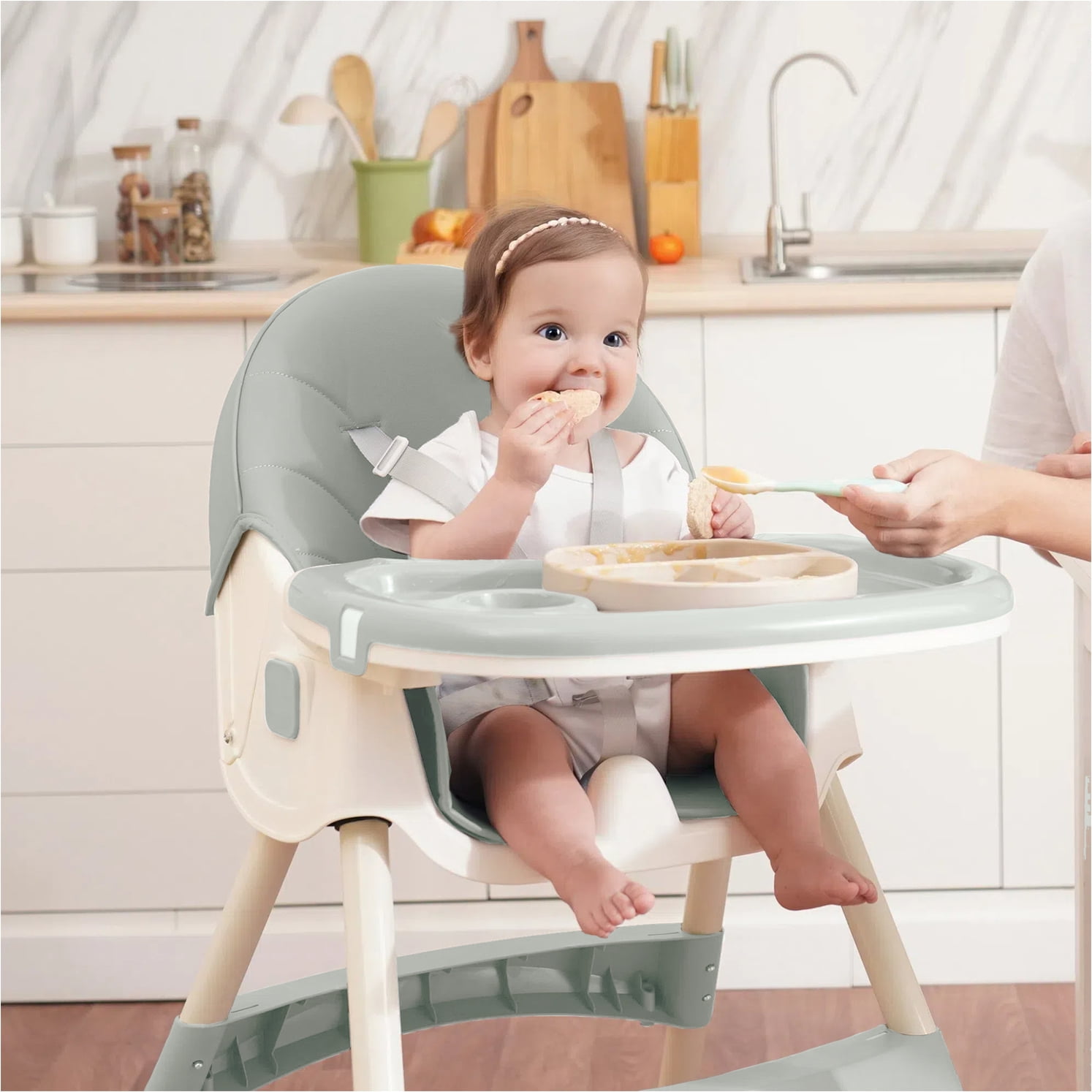 Aprpink 6 in 1 Baby Convertible High Chair Seat with 5 Point PU Safety Harness, Light Green Striped