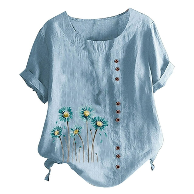 DPTALR Chemise Décontractée d'Été pour Femmes Col Rond Manches Courtes Imprimé Floral Ample