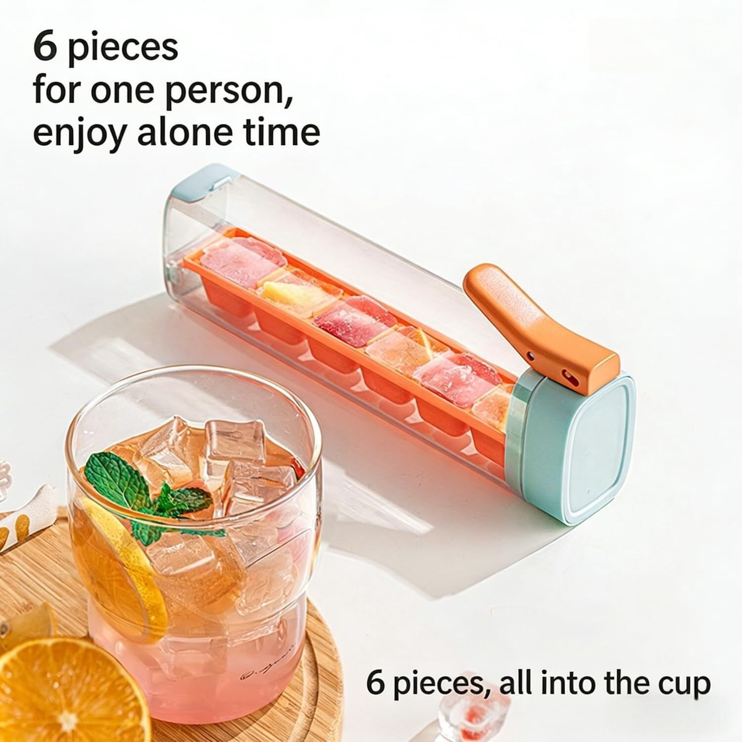 One Ice Cube Maker Press-Type 6-Cavity Square Ice Maker with Airtight Lid, Space-Saving Portable Ice Box for Home and Office