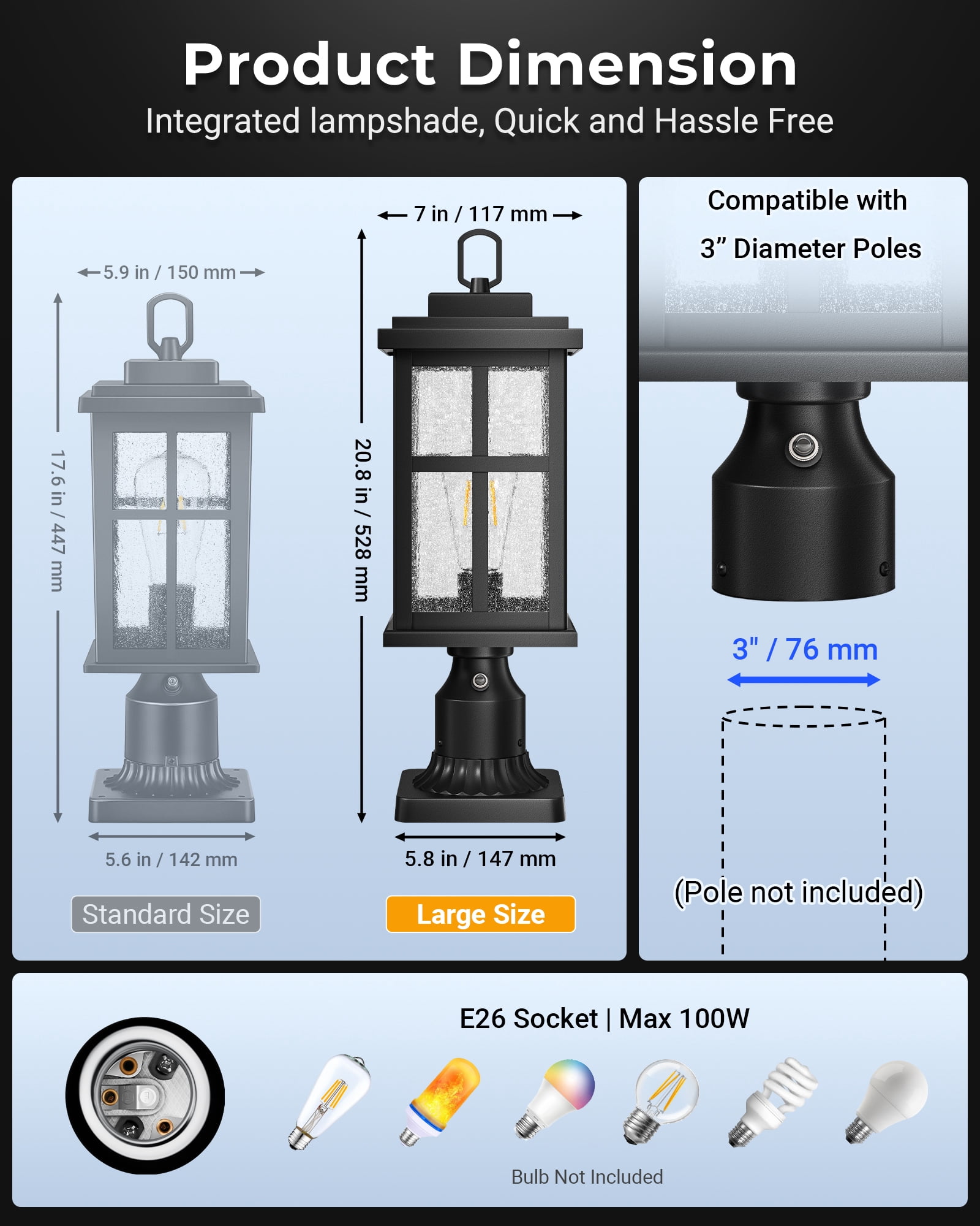 VIANIS Large Black Dusk to Dawn Outdoor Lamp Post Light, Hardwired Modern Outdoor Post Lights with Pier Mount Base, Waterproof Outside Pole Light for House