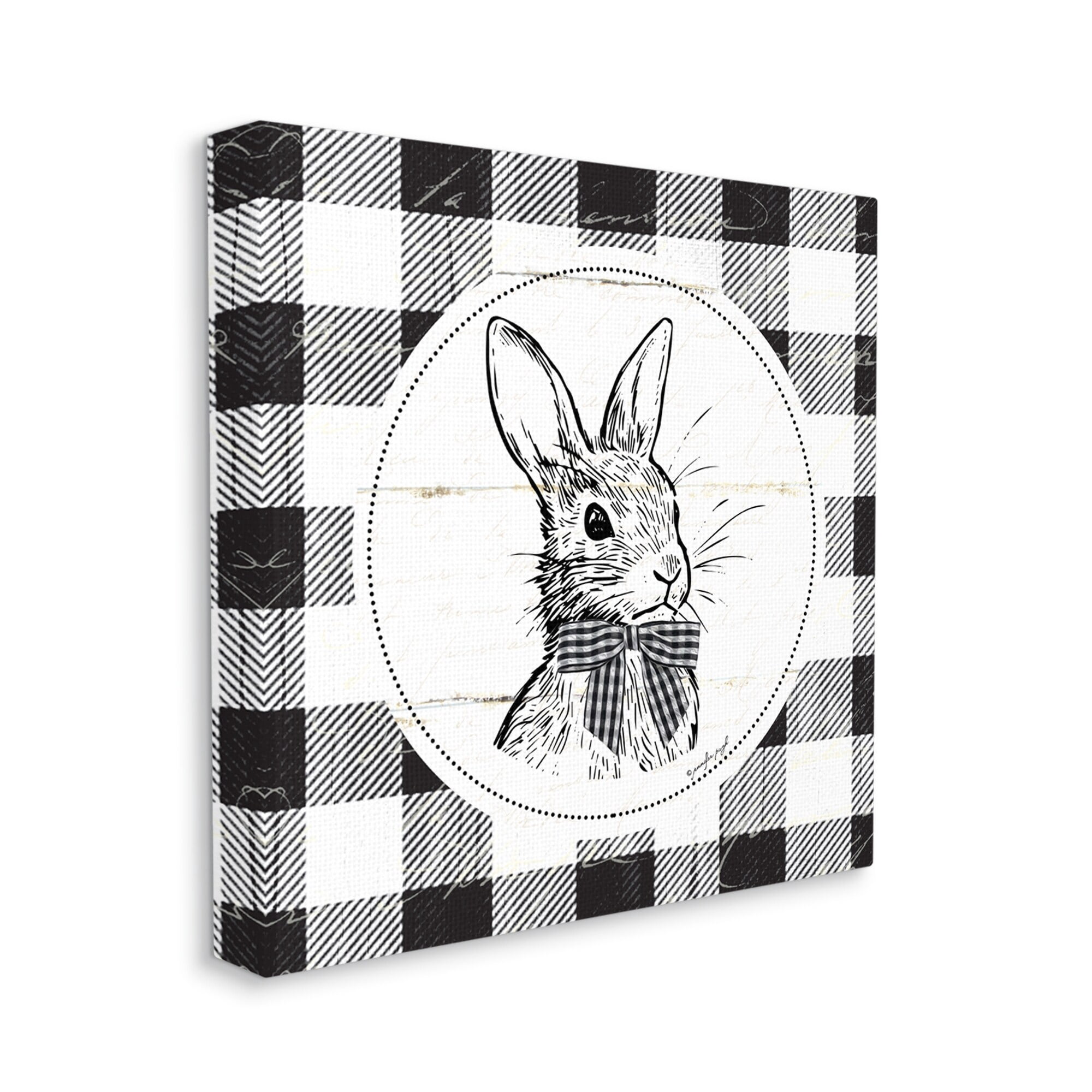 Detailed Easter Bunny Drawing Spring Plaid Border Animals & Insects Graphic Art Gallery-Wrapped Canvas Print Wall Art