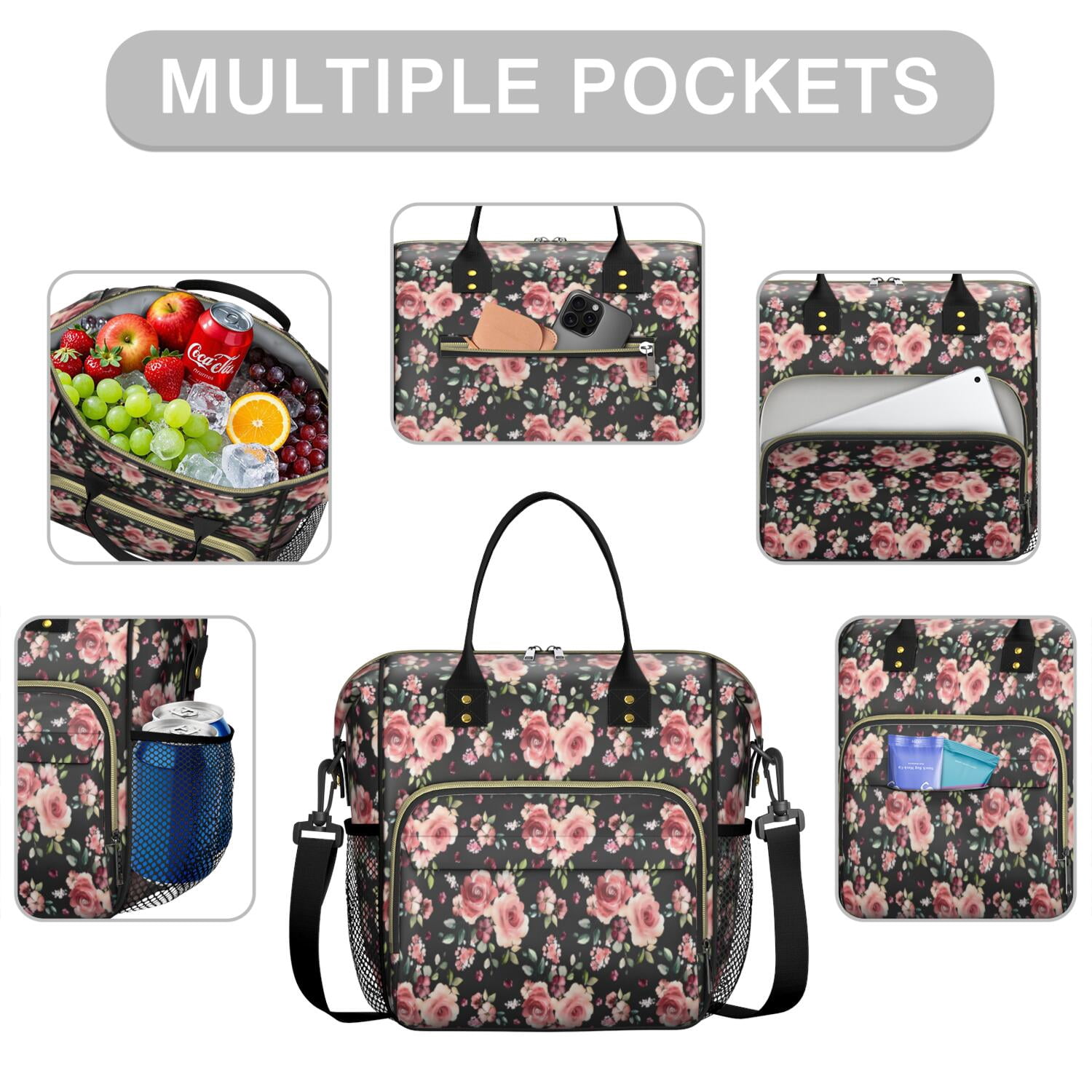 Pioneer Flower Floral Print Pattern Womens Lunch Box for Work,Insulated Large Lunch Bag for Tween and Teen,Loncheras Para Mujer,Leakproof Adult Lunch Bag for Work,Beach,Travel,Picnic,Camping