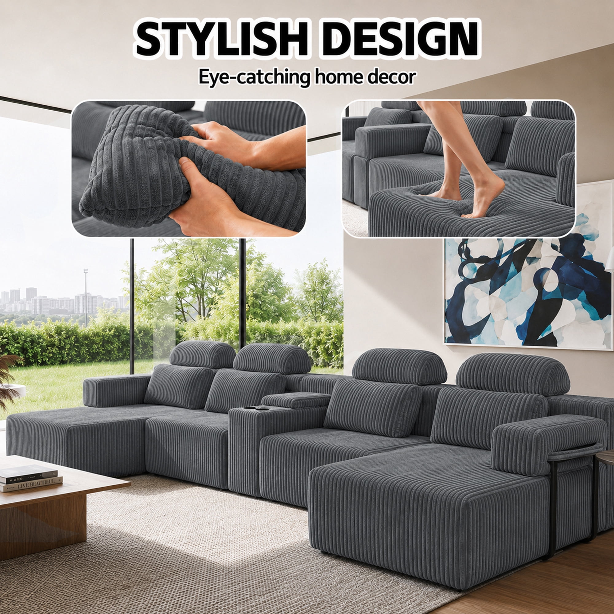 Leumius 145.7" U-Shaped Corduroy Sectional Sofa with Chaise,Cup Holders & Storage,Modern Modular 6-Seater Sofa Couch for Living Room,Dark Gray