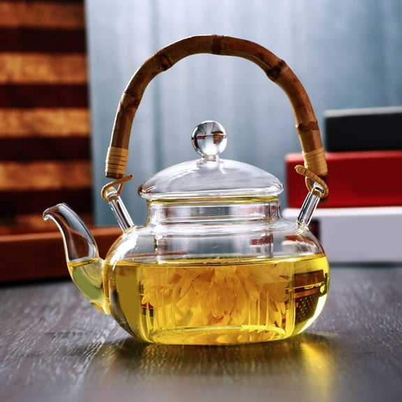 Glass Tea Pot with Infuser, Wood Handle Tea Kettle, Water for Juice Beverage