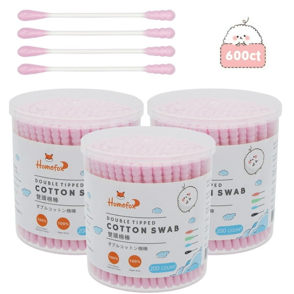 HOMEFOX 600 Count Pink Cotton Swabs with Spiral Round Tips, Pure Organic Cruelty-Free