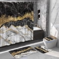 thumbnail image 1 of Juego de 4 cortinas de ducha de mármol con 12 ganchos, juego de baño con alfombras, cortina de ducha en forma de U y tapa de inodoro, accesorios de baño en azul y dorado., 1 of 8
