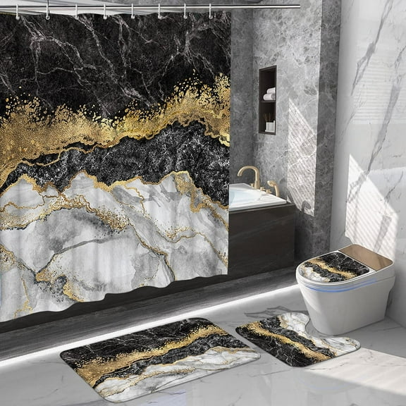 JTWEEN 4Pcs Marble Shower Curtain Set, Durable Waterproof Fabric Shower Curtain with Rugs,Toilet Lid Cover Bath Mat,12 Hooks for Bathroom