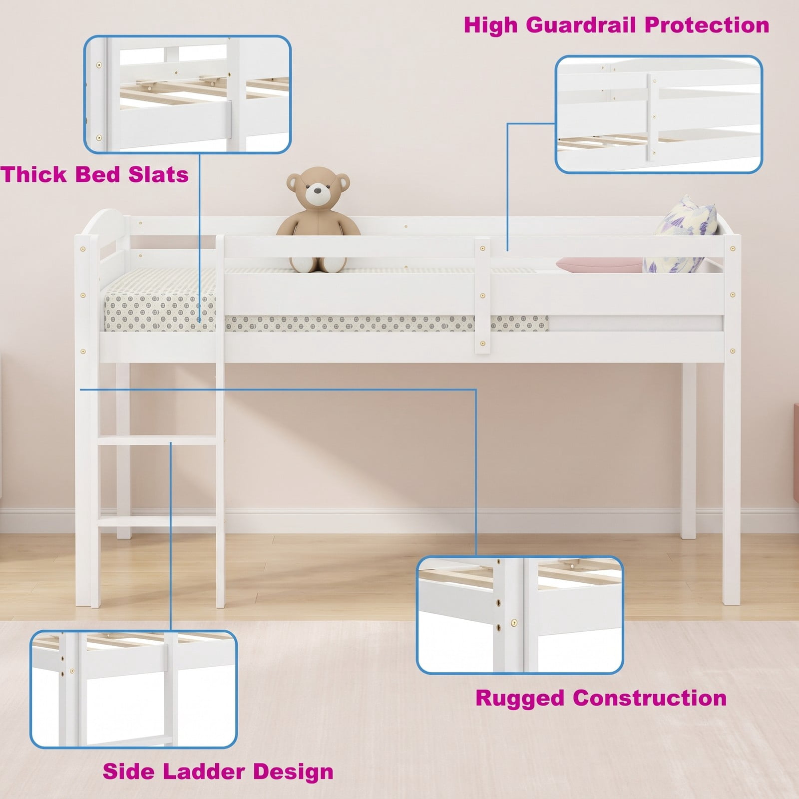 Furnibear Twin Low Loft Bed with Guardrail and Ladder Solid Wood Frame with Open Under-bed Storage Space for Kids, White