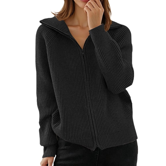 DuoJiaJ Women's Sweater Coat Casual Long Sleeve Knit Cardigan With Ribbed Texture Zip Up Open Front Loose Fit Fall Winter Fashion Outerwear Trendy Fall Fashion Women Black L