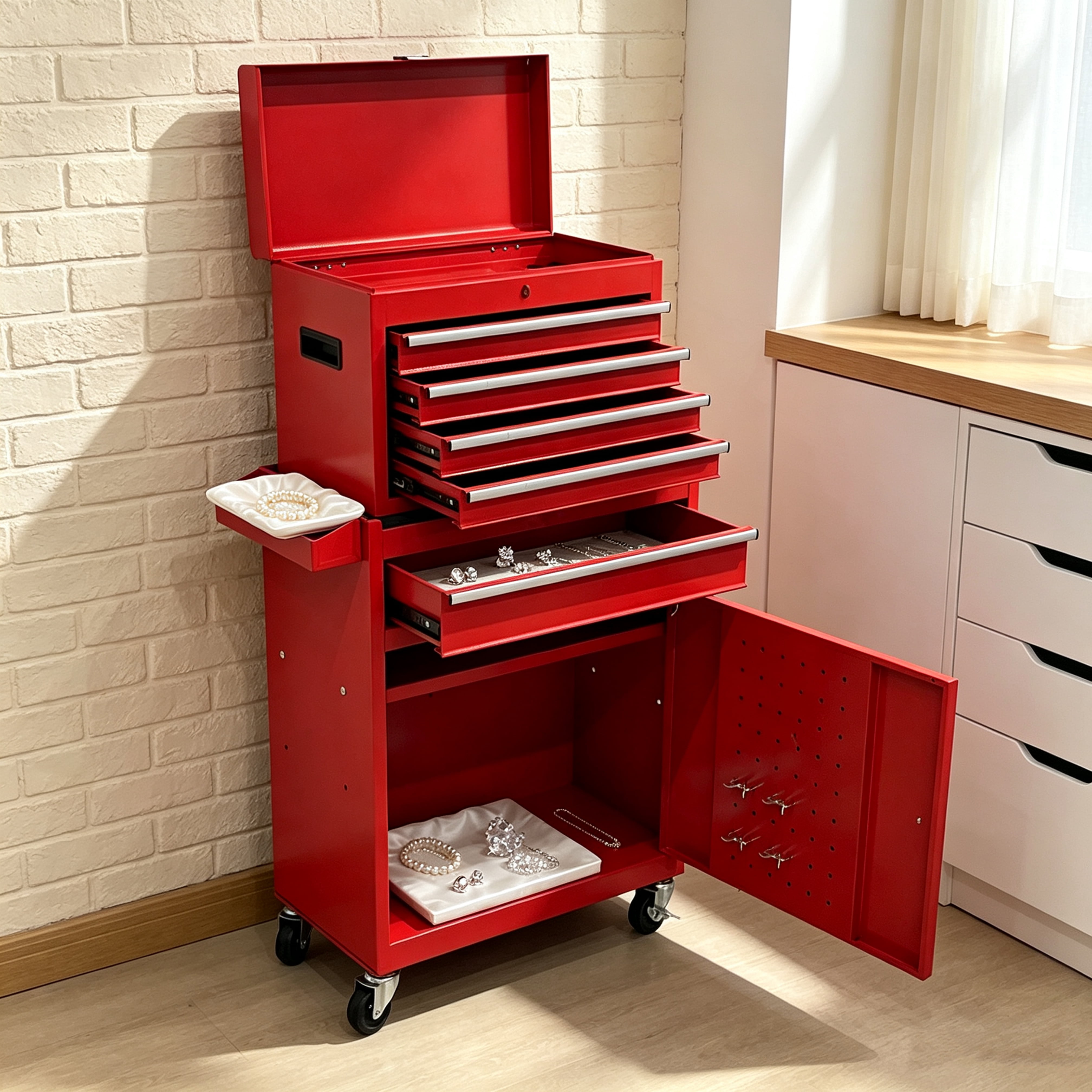 5 Drawer Rolling Tool Chest,Metal Tool Storage Cabinet with Detachable Top,Sliding Drawers,Lockable Wheels and Lock-System,Tool Cart Organizer for Garage Workshop,Red