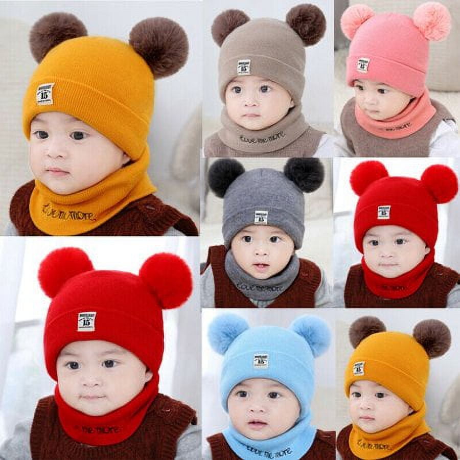 Children's Knitted Hat & Scarf Set Letter Patch Plush Thickened Warm Winter  With Pom Pom For Girls And Boys - Temu