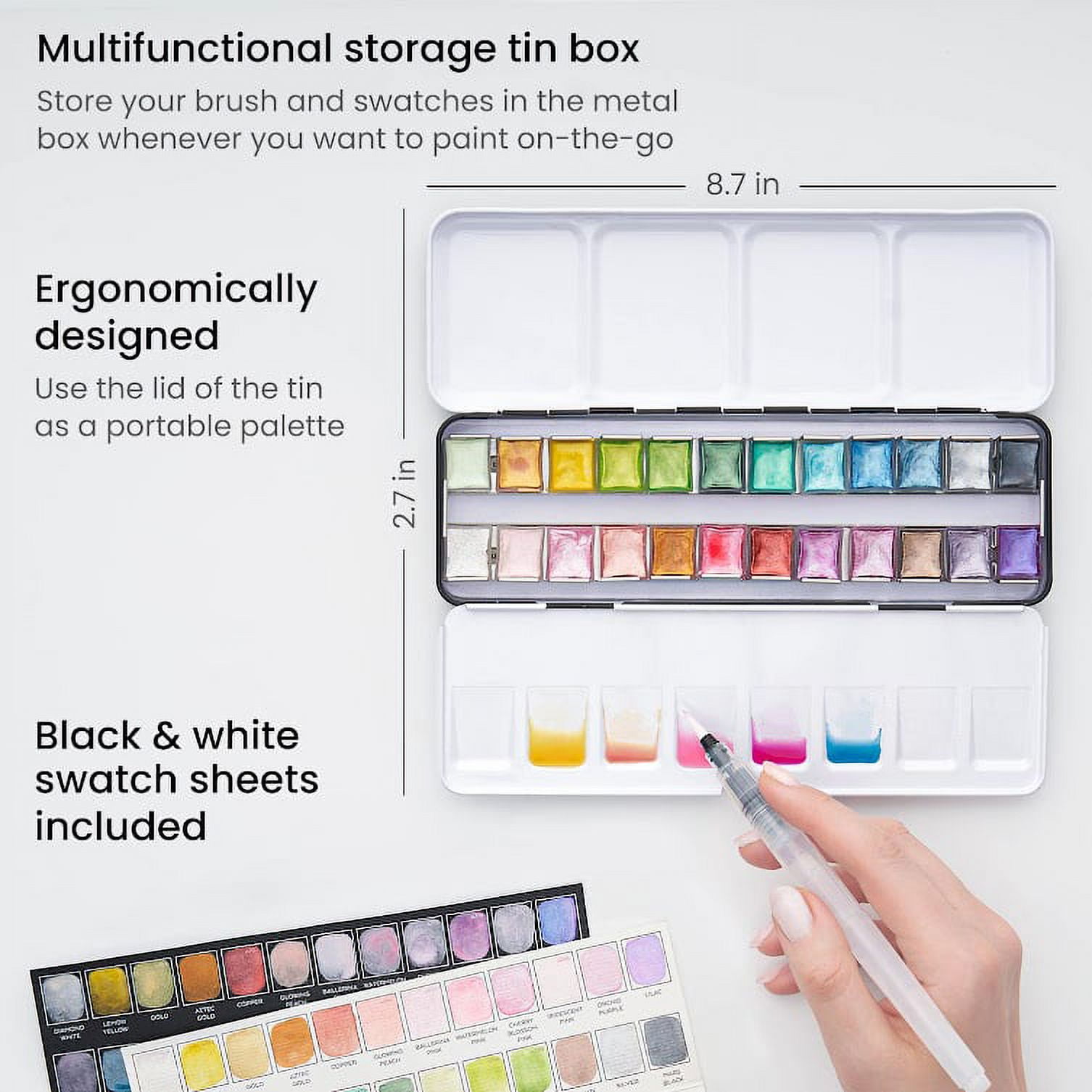 Arteza Watercolor Paint, Metallic Finish, Multicolor, Set of 24, Half Pans