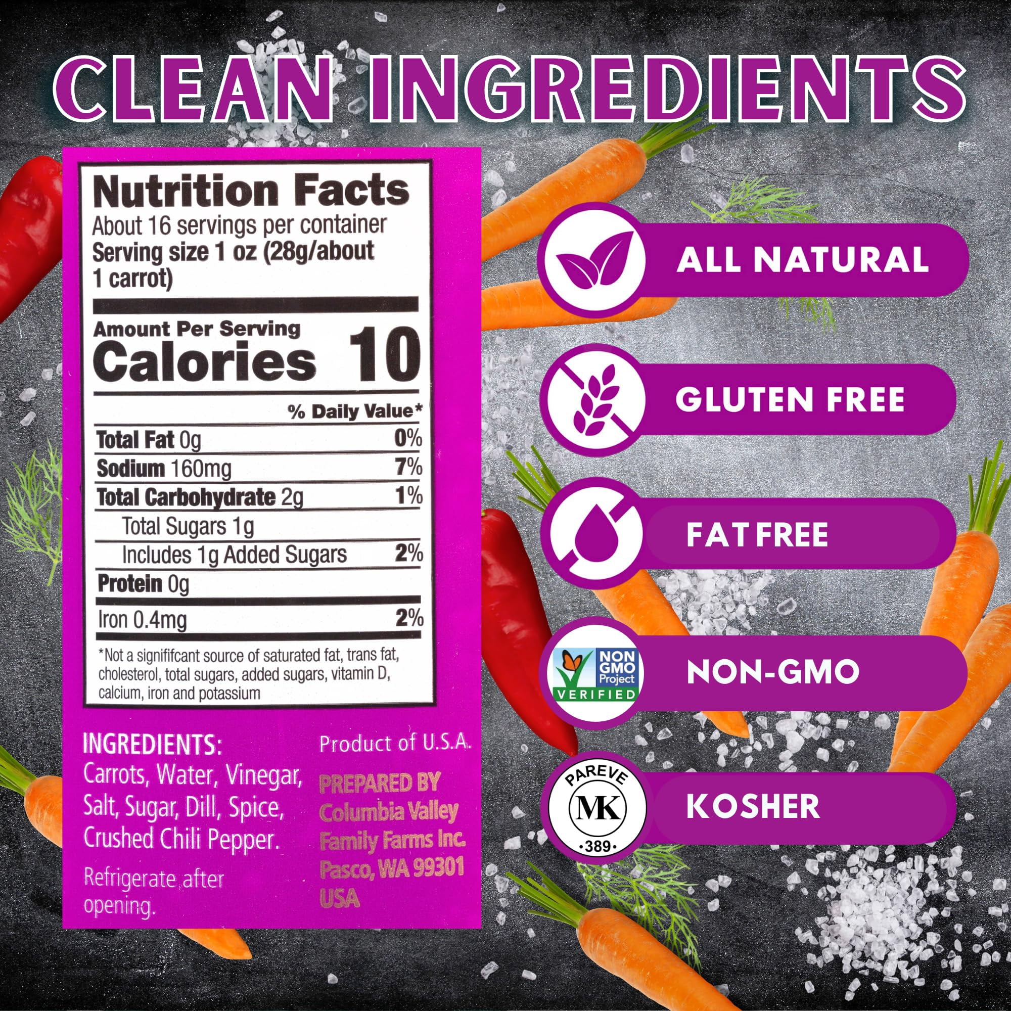 Foster's Pickled Carrots in a Jar, Original, 16oz, 2 Pack, Traditional Pickled Carrot Sticks Recipe for over 40 years, Low Calorie Snack, Gluten Free, Fat and Preservative Free